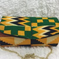 Green yellow Kente Print Hard Body Clutch Purse Plus Chain Handle