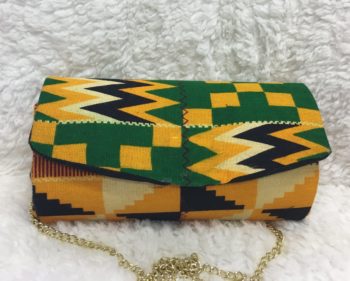 Green yellow Kente Print Hard Body Clutch Purse Plus Chain Handle
