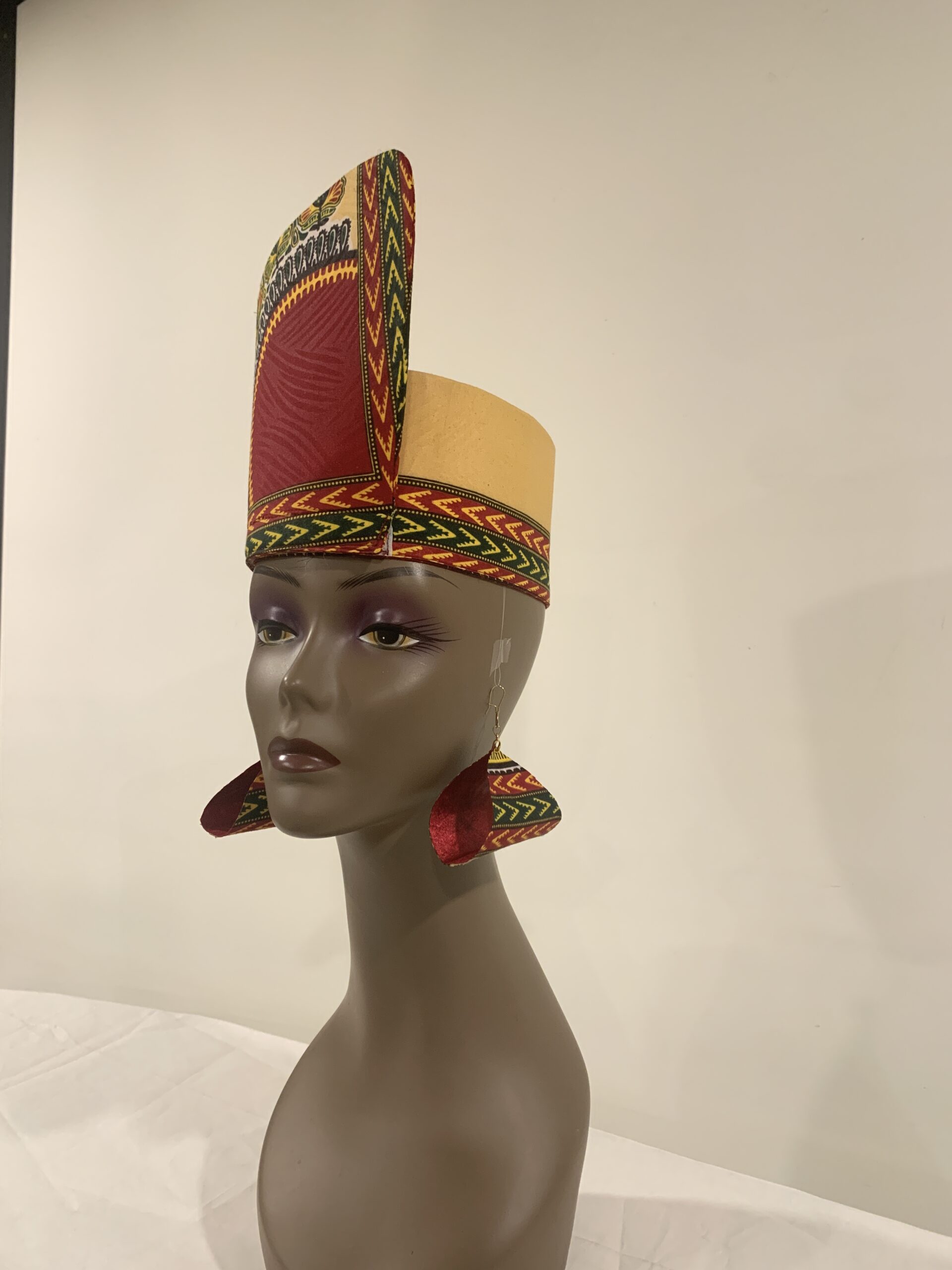 Reversible Ivory & Burgundy African DASHIKI Head Dress Crown Kufi, Optional Earring - Image 13