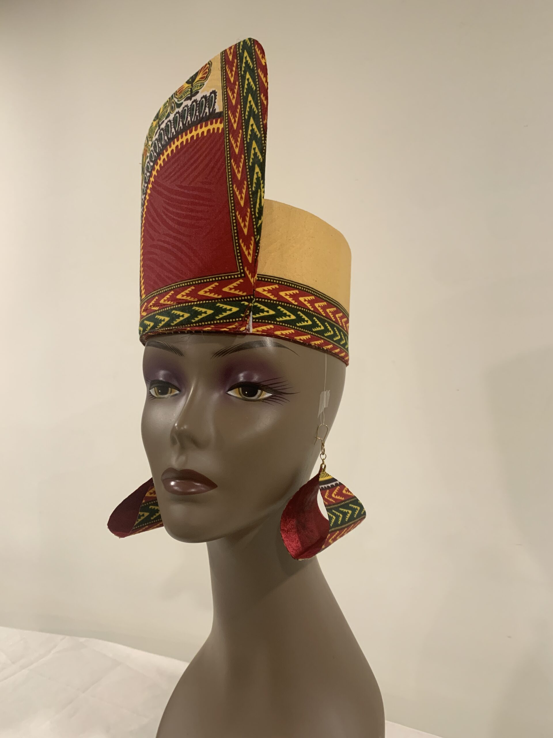Reversible Ivory & Burgundy African DASHIKI Head Dress Crown Kufi, Optional Earring - Image 12