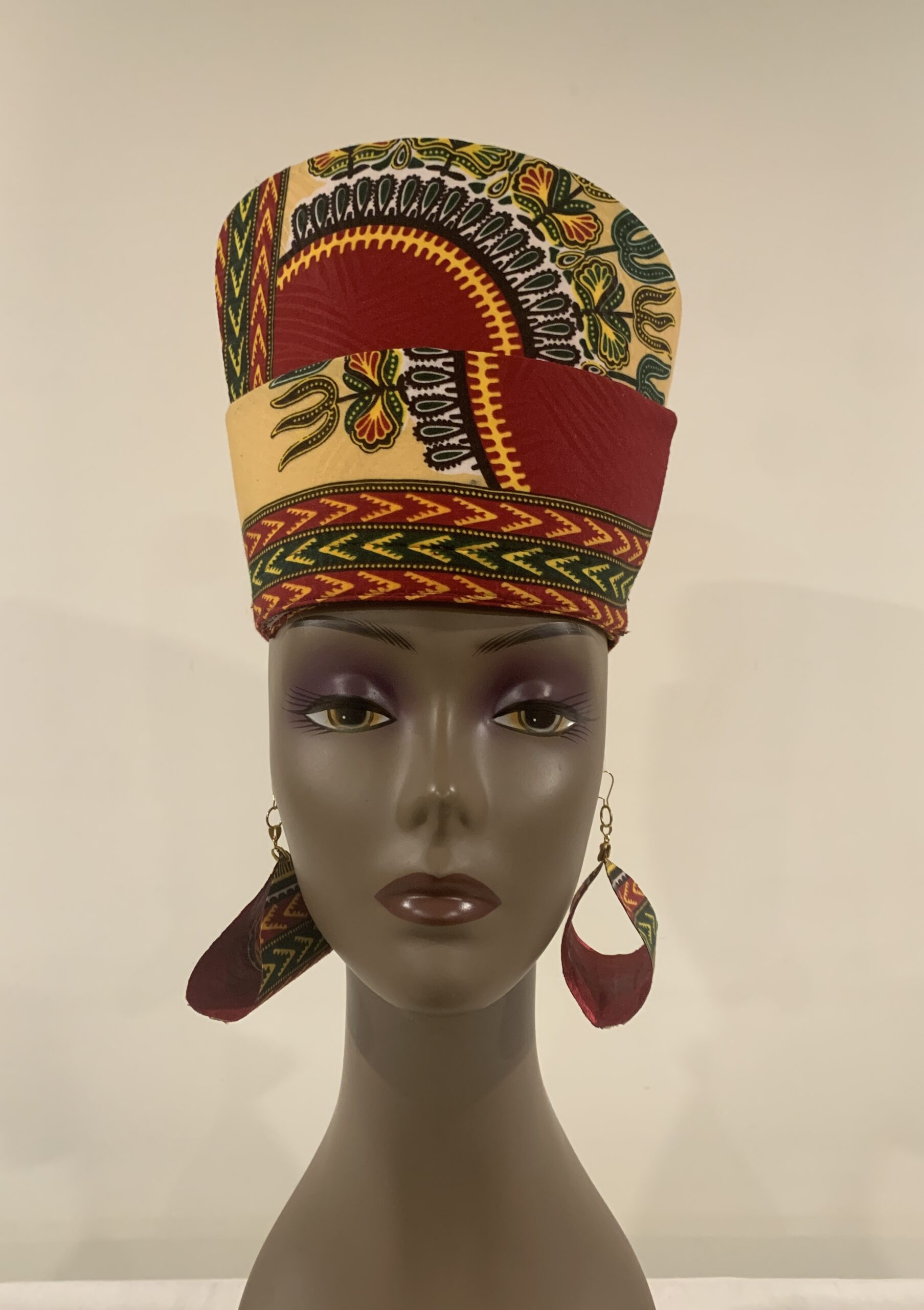 Reversible Ivory & Burgundy African DASHIKI Head Dress Crown Kufi, Optional Earring - Image 11