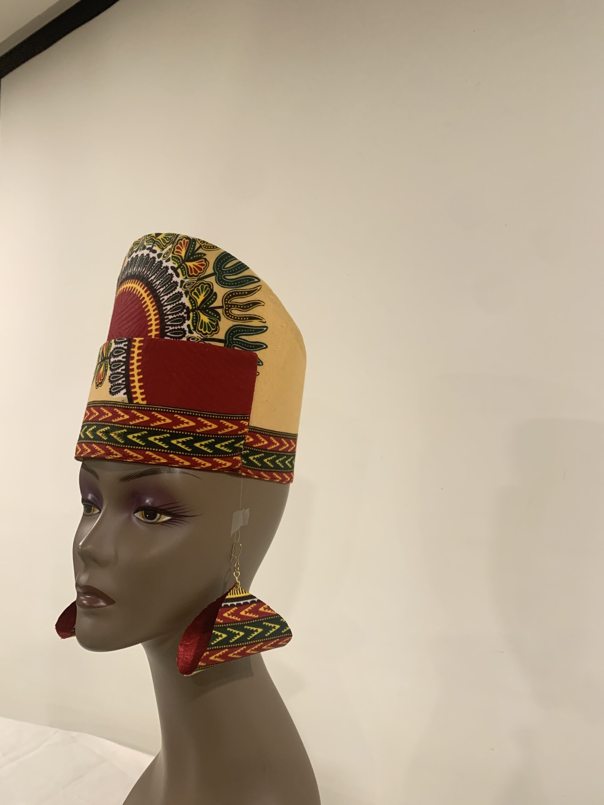 Reversible Ivory & Burgundy African DASHIKI Head Dress Crown Kufi, Optional Earring - Image 10