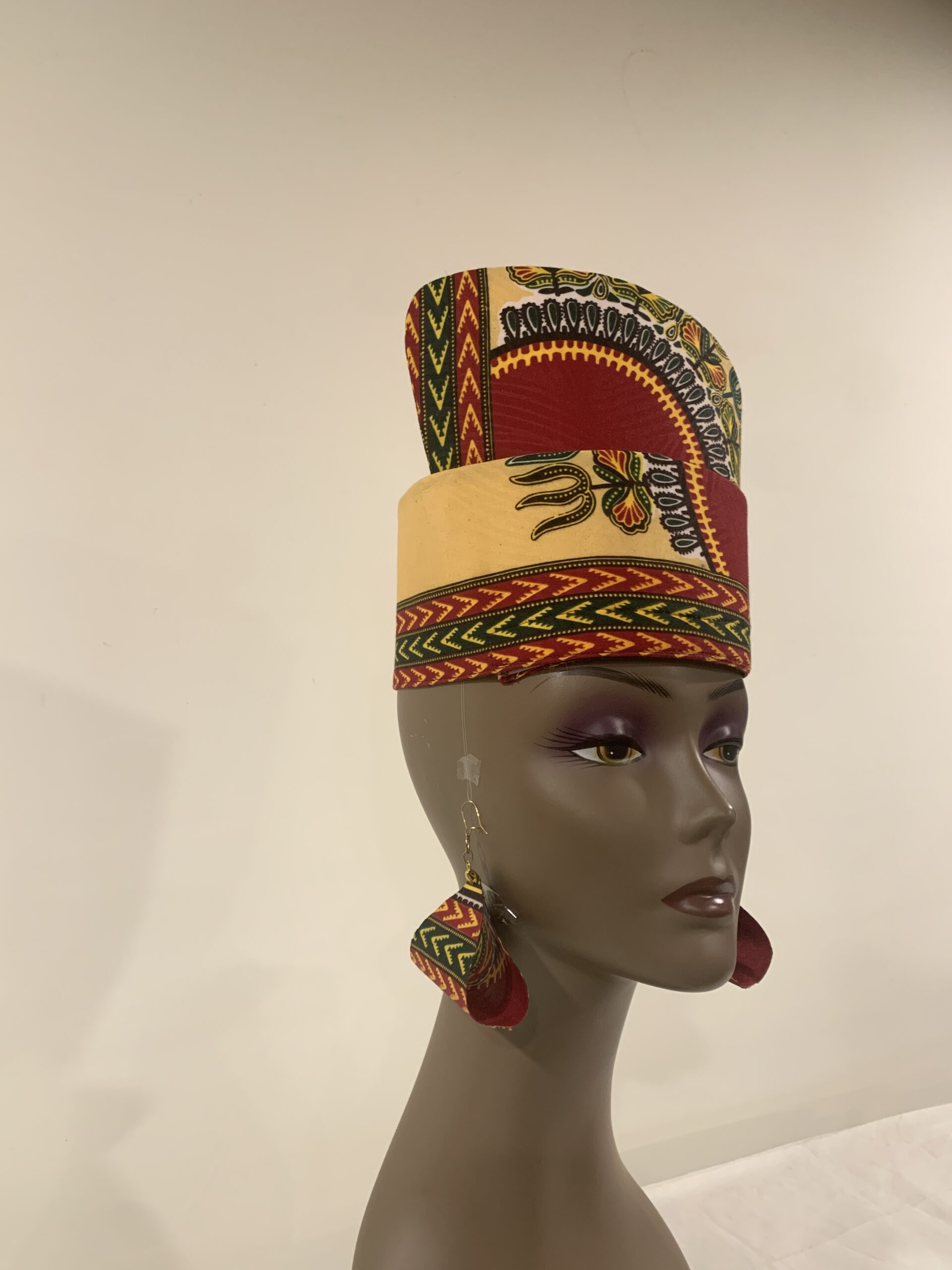 Reversible Ivory & Burgundy African DASHIKI Head Dress Crown Kufi, Optional Earring - Image 9