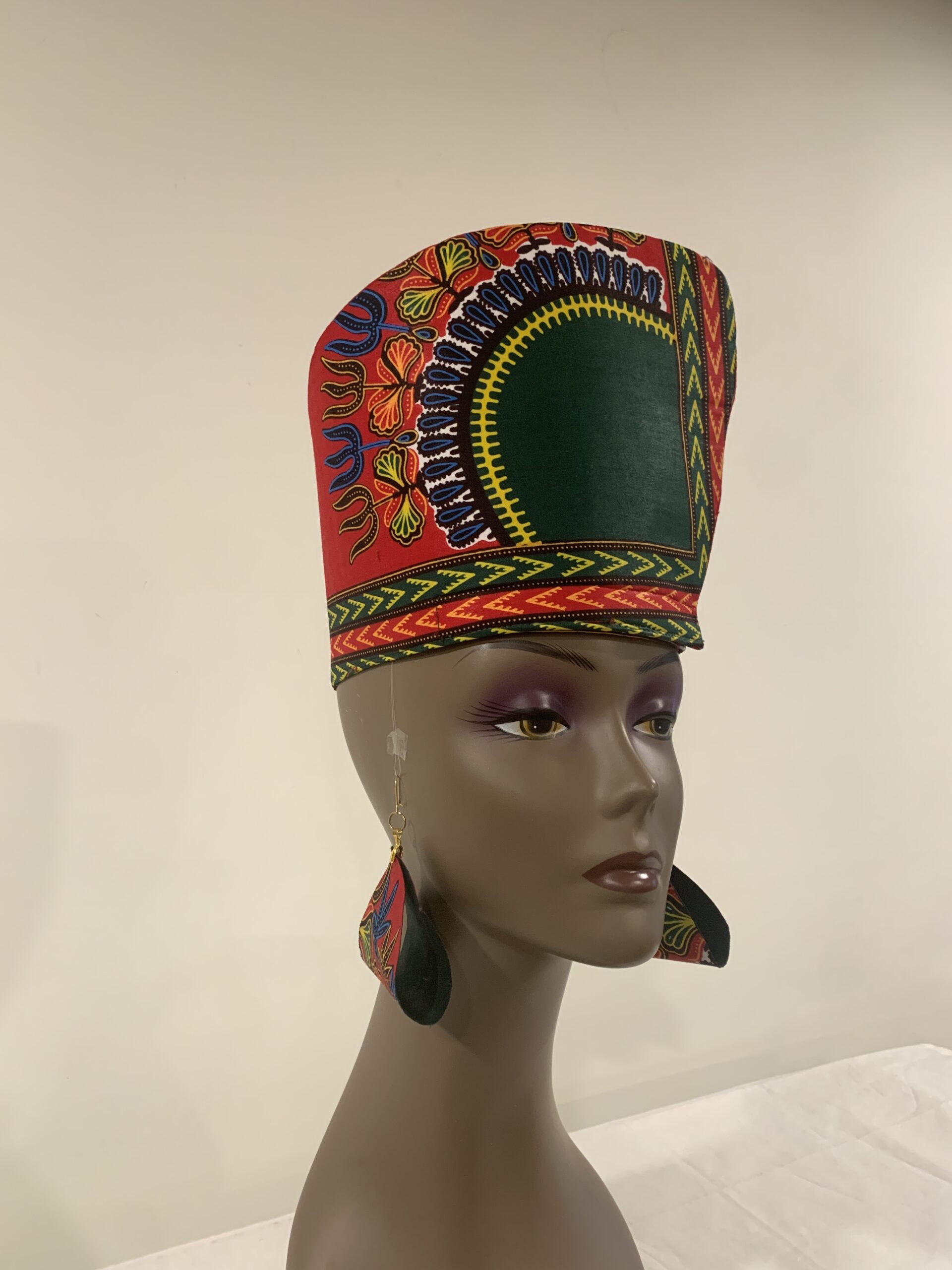 Reversible Red & Green African DASHIKI Head Dress Crown Kufi, Optional Earring - Image 3