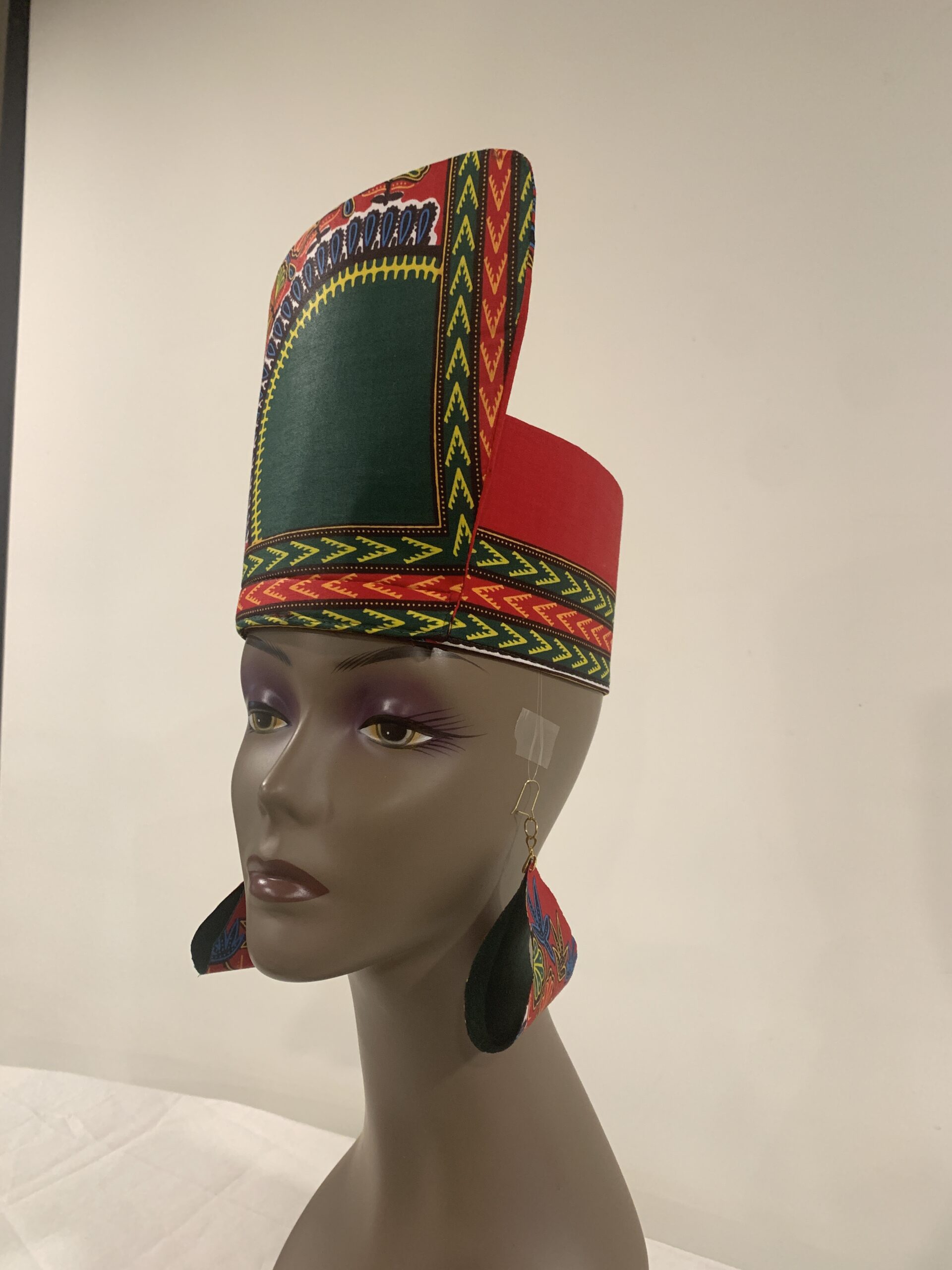 Reversible Red & Green African DASHIKI Head Dress Crown Kufi, Optional Earring - Image 2