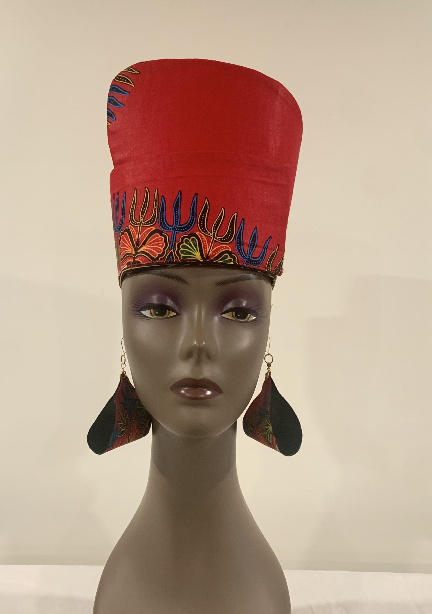 Reversible Red & Green African DASHIKI Head Dress Crown Kufi, Optional Earring - Image 6