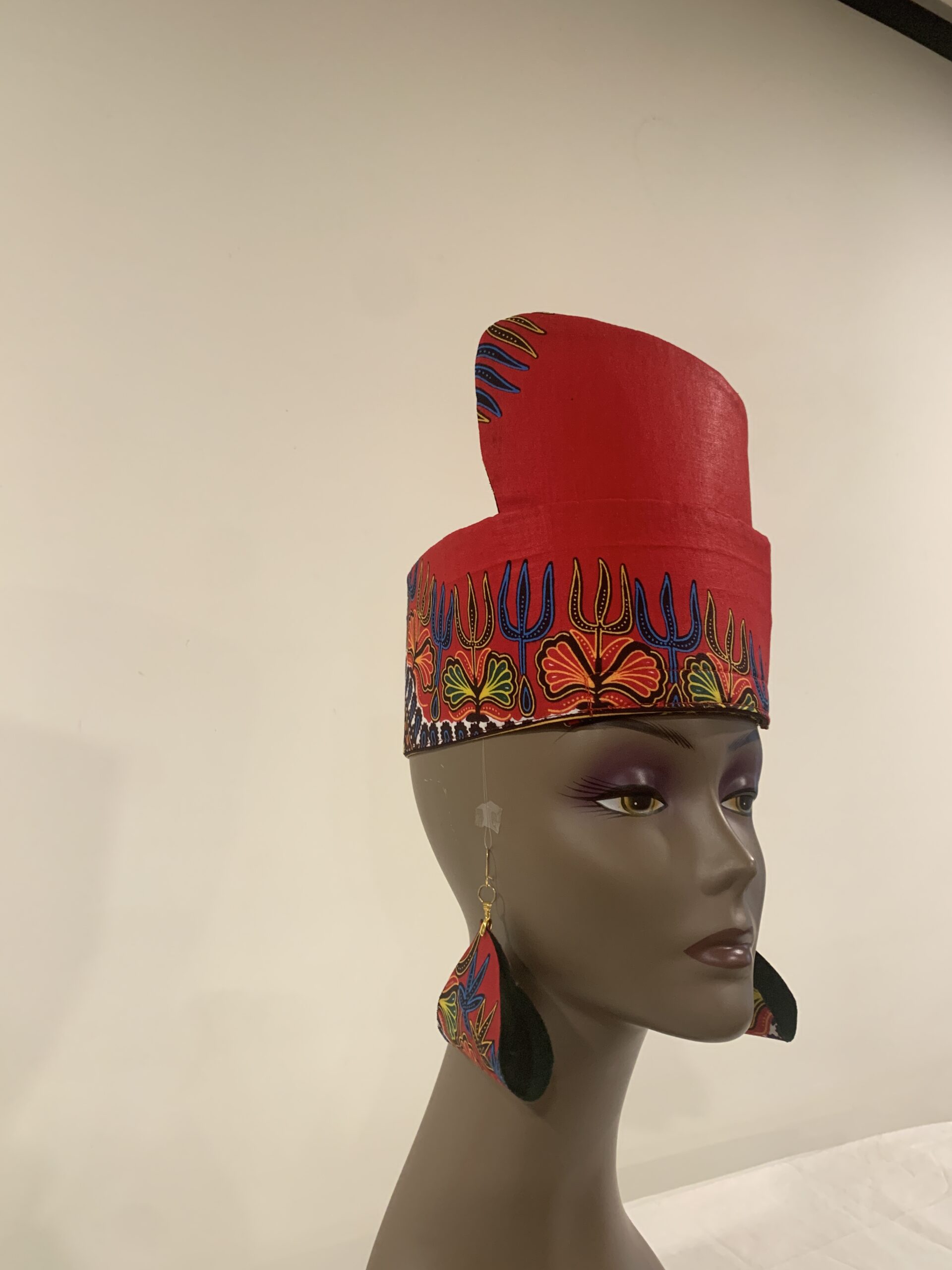 Reversible Red & Green African DASHIKI Head Dress Crown Kufi, Optional Earring - Image 7