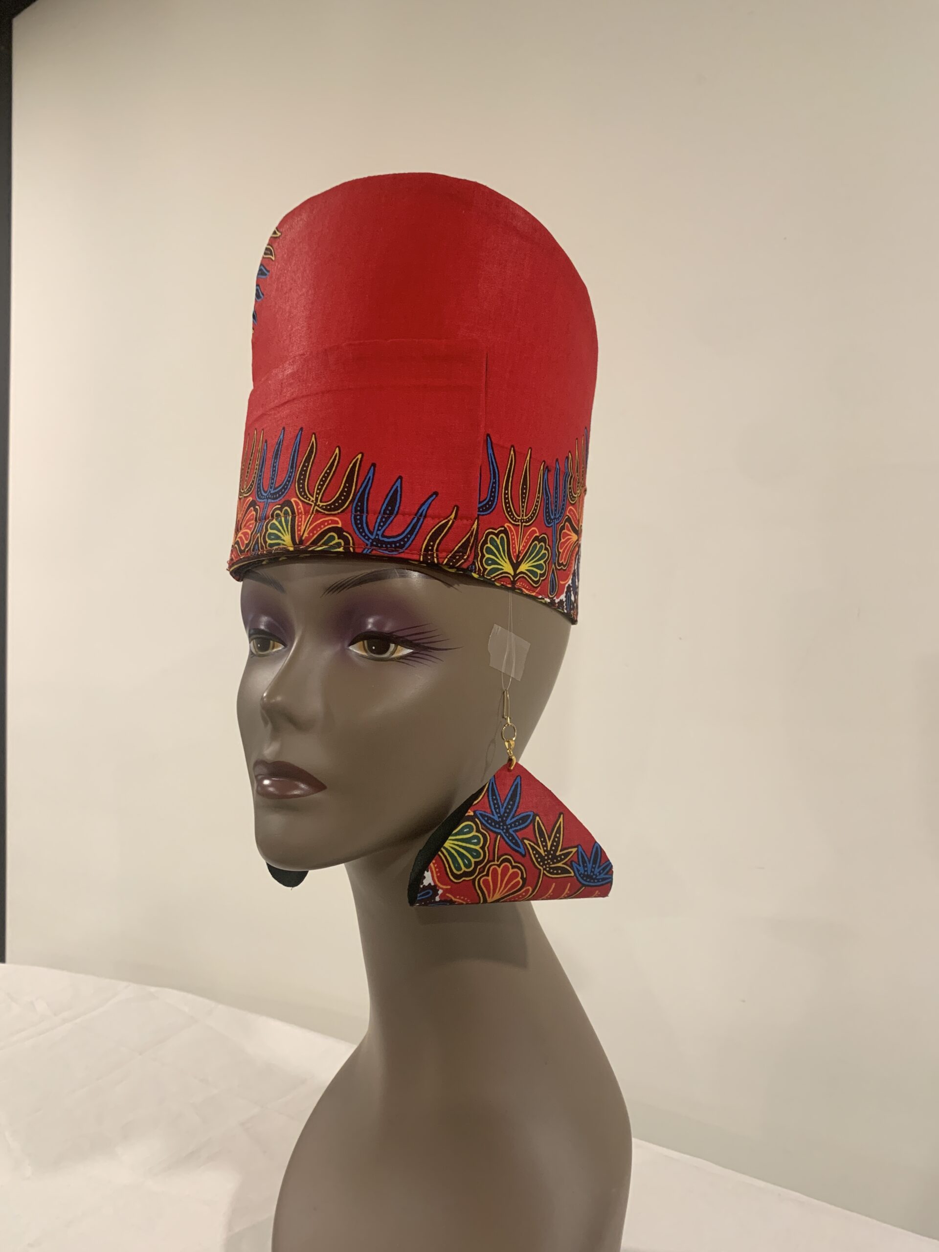 Reversible Red & Green African DASHIKI Head Dress Crown Kufi, Optional Earring - Image 5