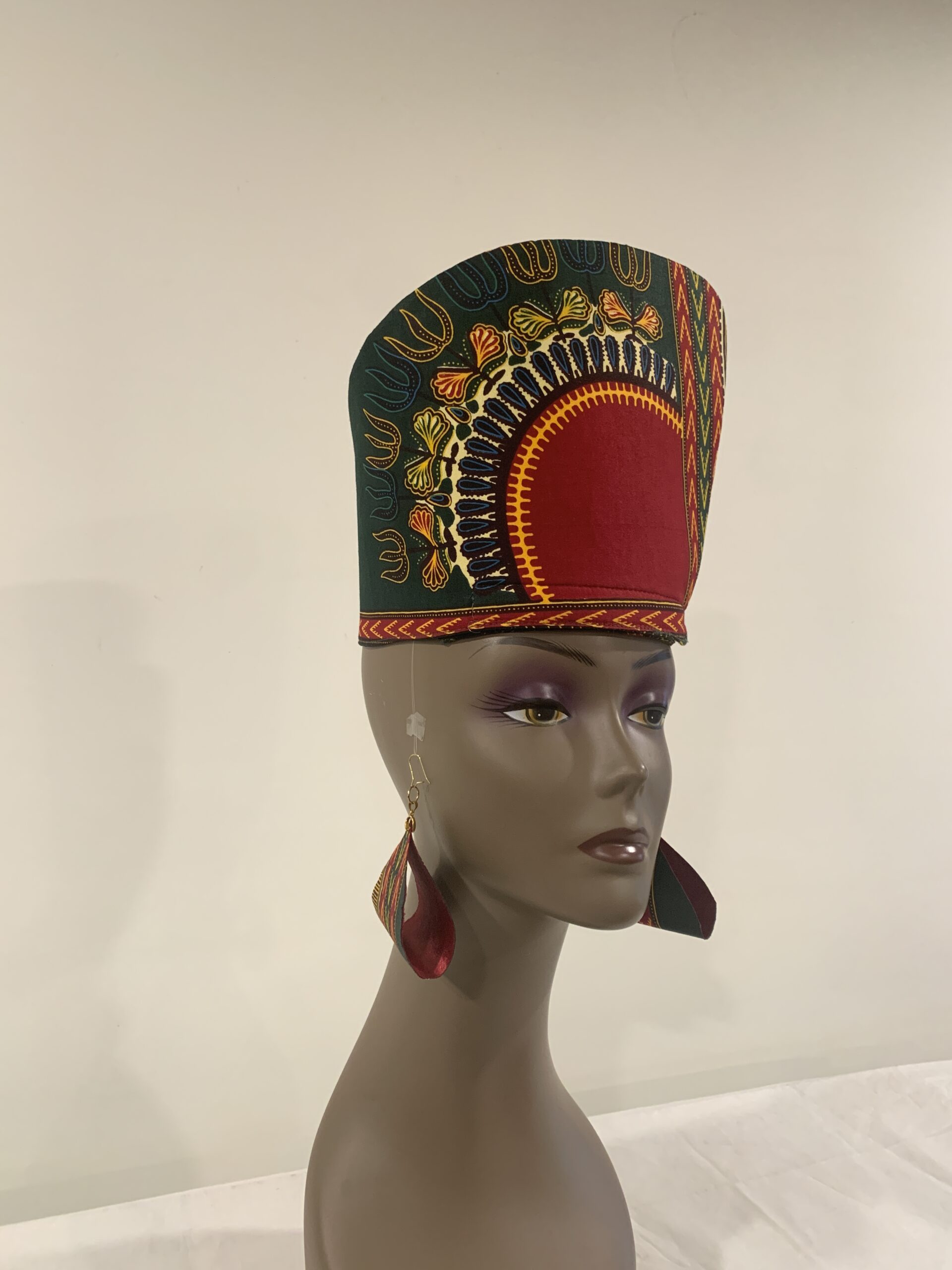 Reversible Green & Burgundy African DASHIKI Head Dress Crown Kufi, Optional Earring - Image 7