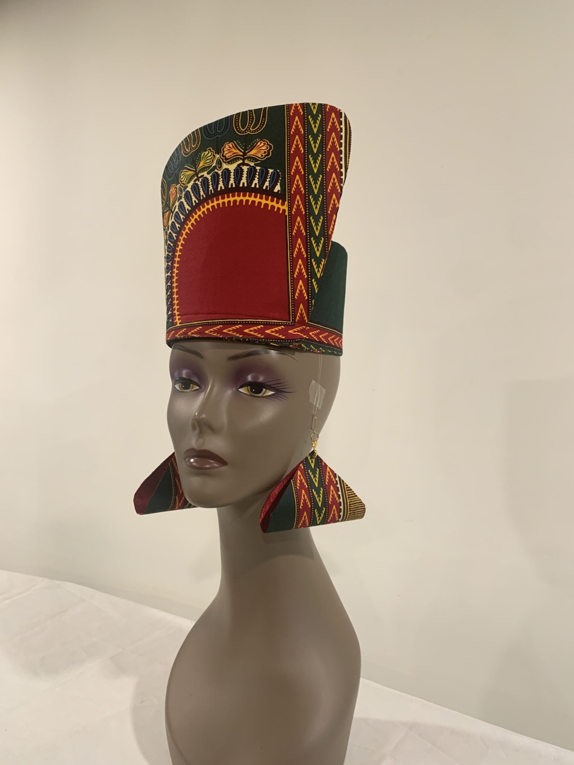 Reversible Green & Burgundy African DASHIKI Head Dress Crown Kufi, Optional Earring - Image 6