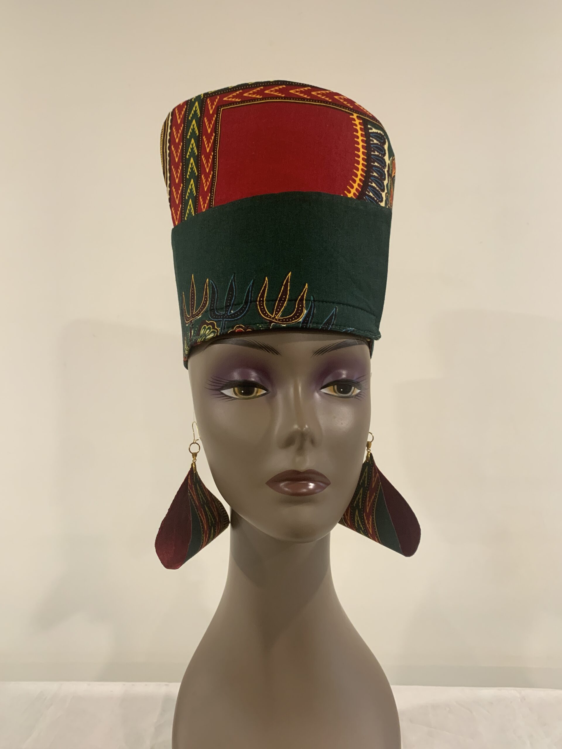 Reversible Green & Burgundy African DASHIKI Head Dress Crown Kufi, Optional Earring - Image 5