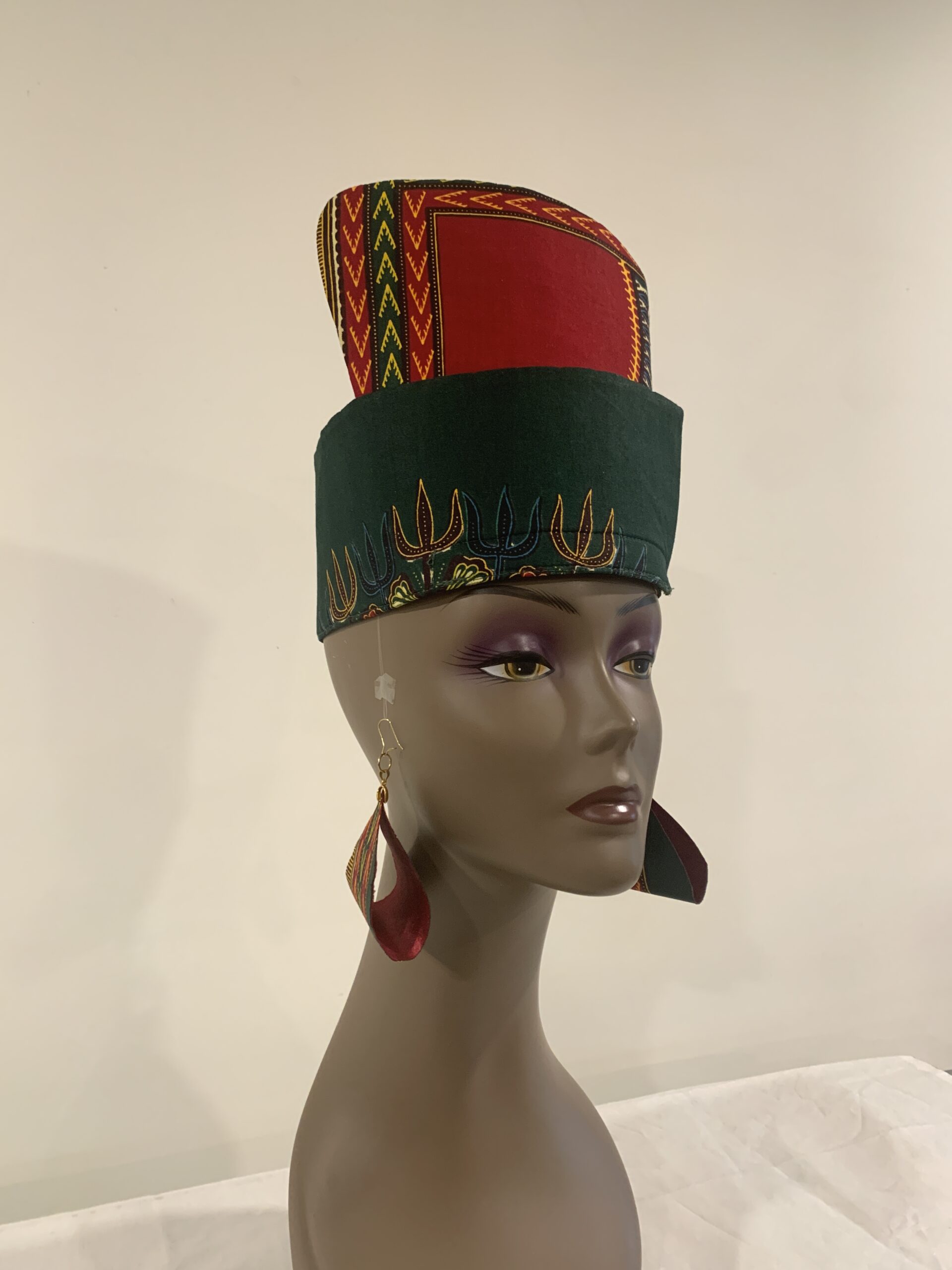 Reversible Green & Burgundy African DASHIKI Head Dress Crown Kufi, Optional Earring - Image 4