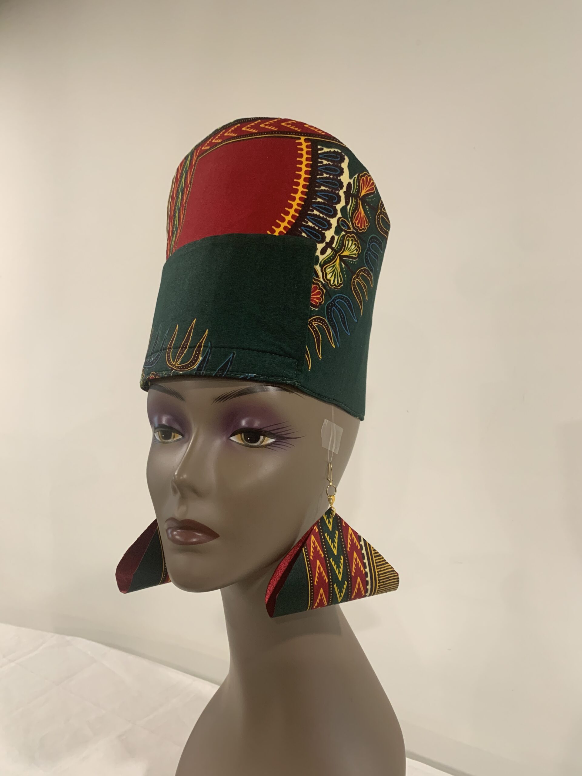Reversible Green & Burgundy African DASHIKI Head Dress Crown Kufi, Optional Earring - Image 3