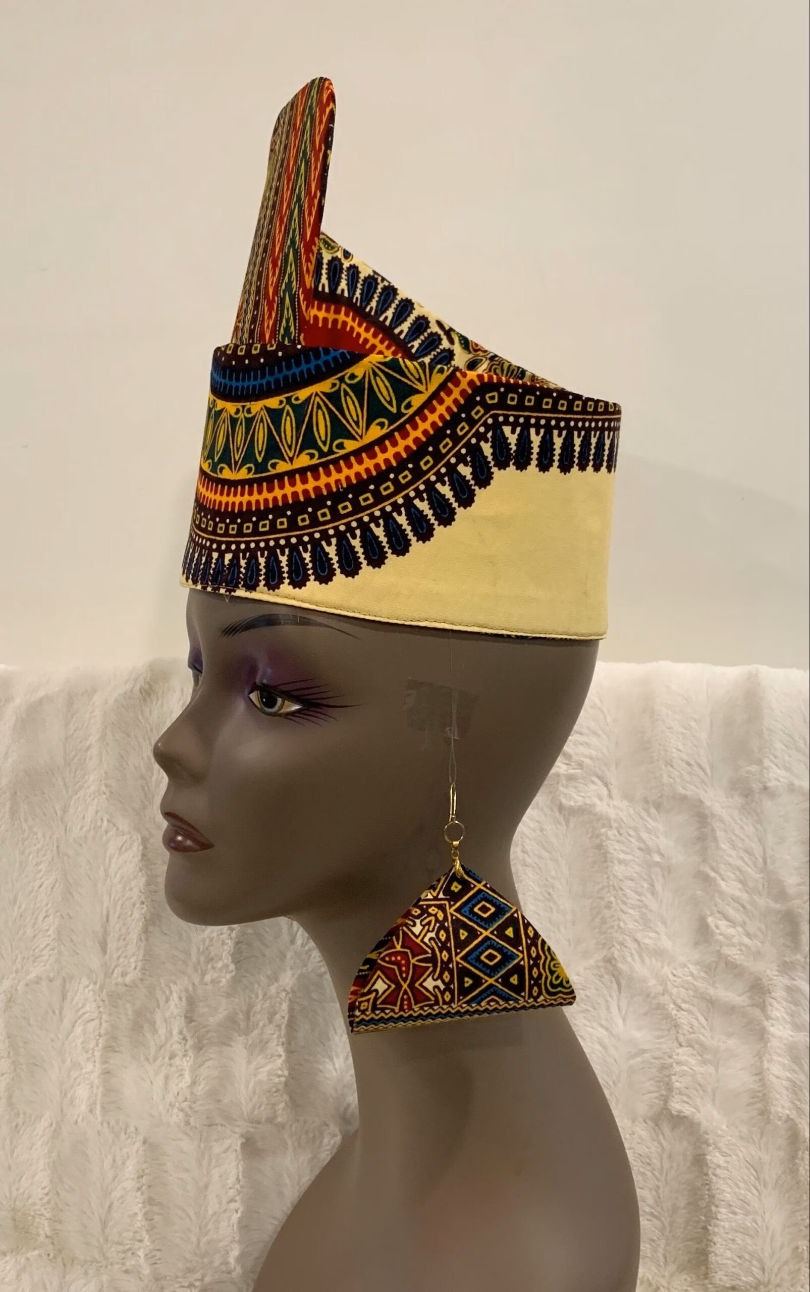 Reversible Ivory & Burgundy African DASHIKI Head Dress Crown Kufi, Optional Earring - Image 7