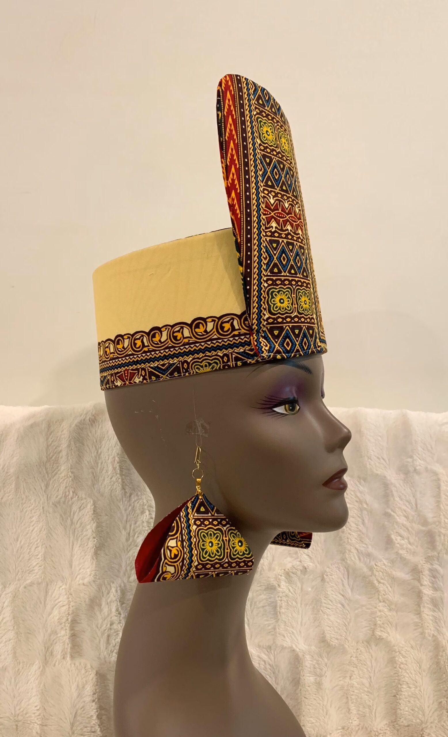 Reversible Ivory & Burgundy African DASHIKI Head Dress Crown Kufi, Optional Earring - Image 6