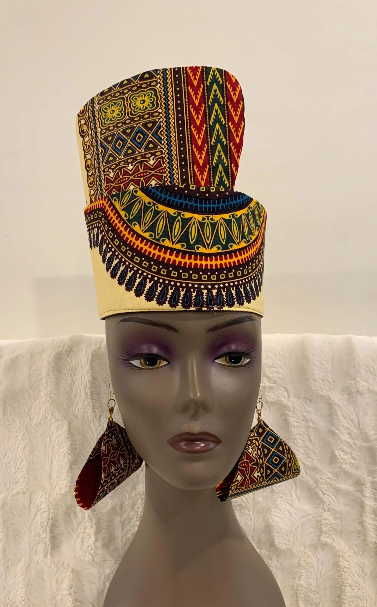Reversible Ivory & Burgundy African DASHIKI Head Dress Crown Kufi, Optional Earring - Image 5