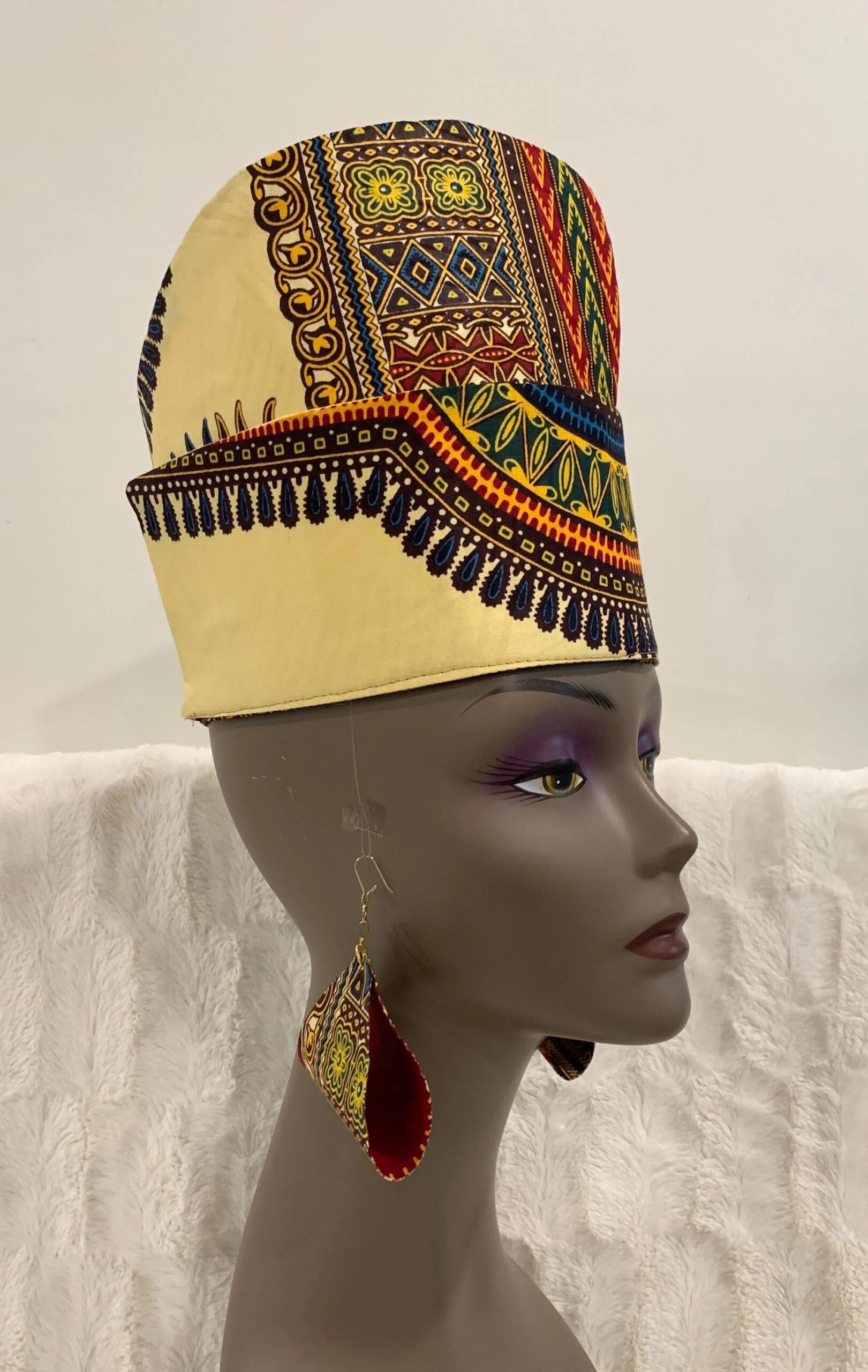 Reversible Ivory & Burgundy African DASHIKI Head Dress Crown Kufi, Optional Earring - Image 4